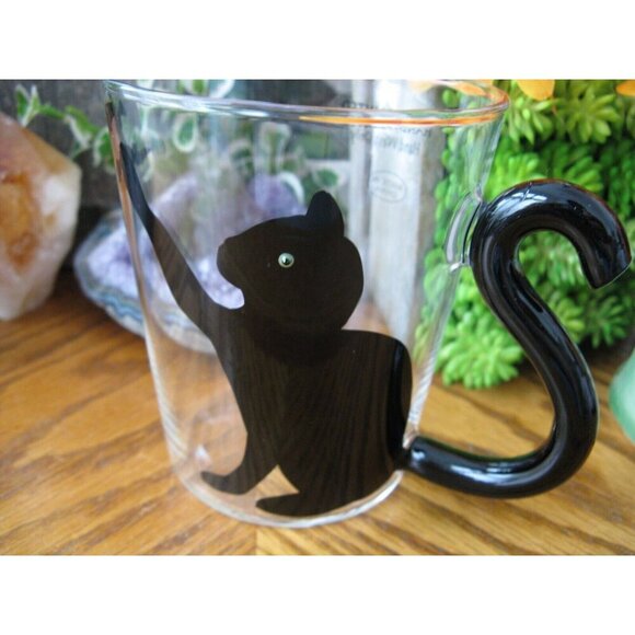 New Hand Painted Black Cat & Bats Clear Glass Tea Coffee Mug Cup w/ Tail Handle - Picture 3 of 9